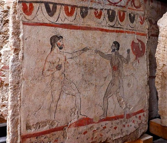 17032024 lastra funeraria in travertino dipinta con scena di pugilato